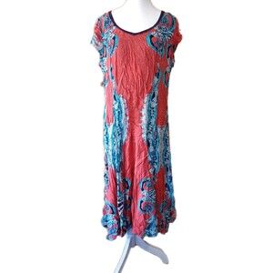 Reba Stunning Maxi Beaded Red Turquoise Dress Fully Lined Size 16 Boho Cowgirl